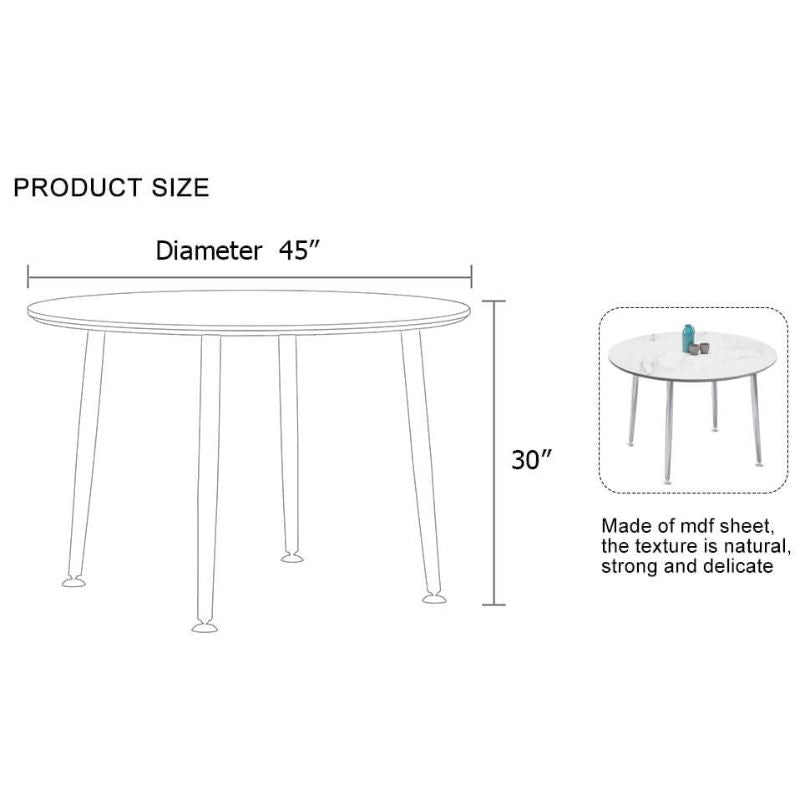 Front view of the stylish white round dining table with chrome legs.