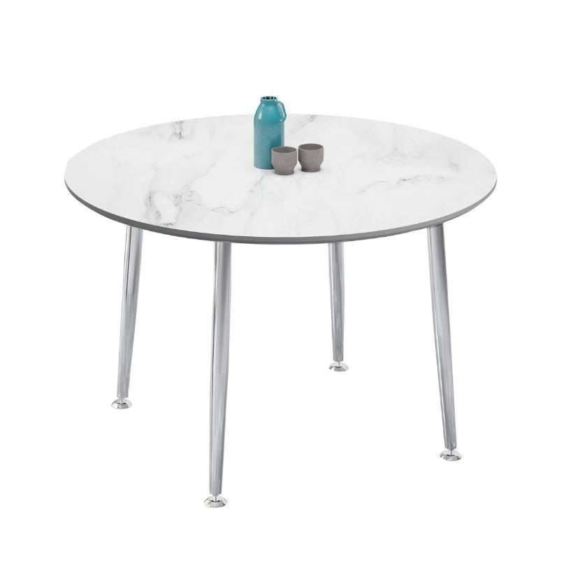 Front view of the stylish white round dining table with chrome legs.