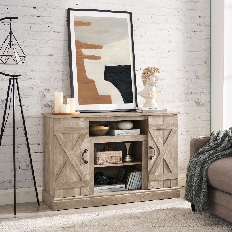 Close-up of adjustable shelves within the 47 inch TV stand