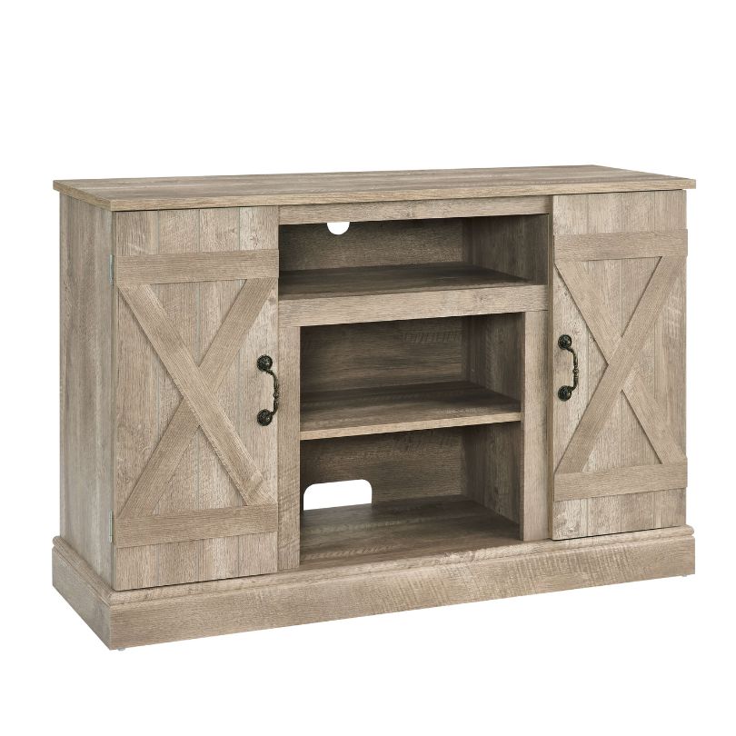 Close-up of adjustable shelves within the 47 inch TV stand