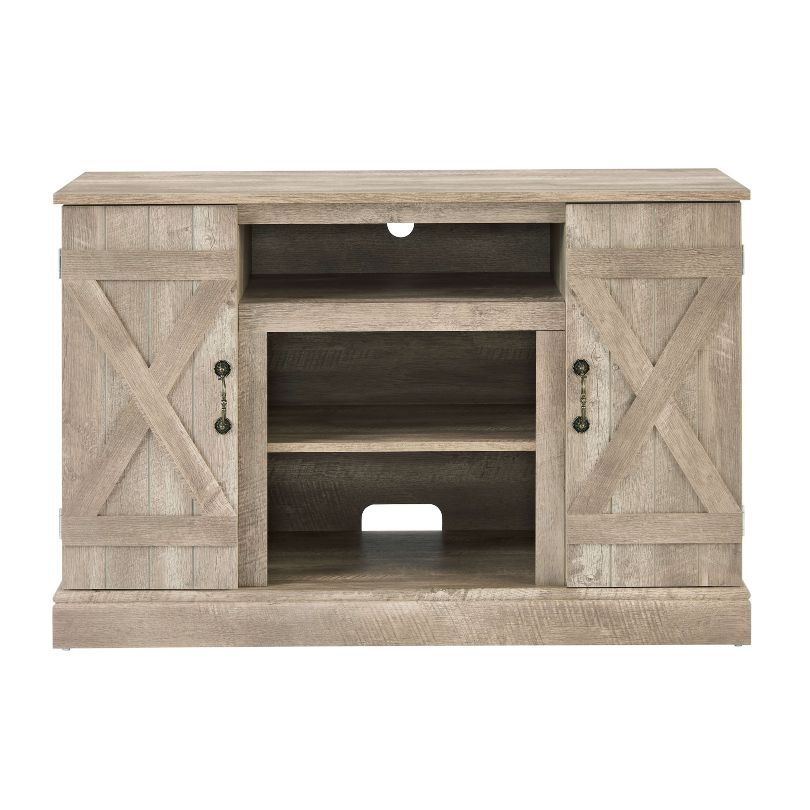 Side view showcasing the antique finish and storage drawers of the farmhouse TV stand