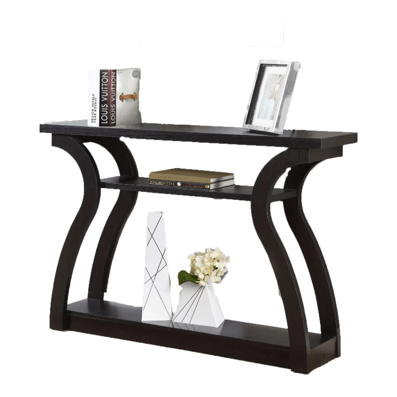 Front angle of Velora 47 inch accent table showcasing tiered shelves and curved base