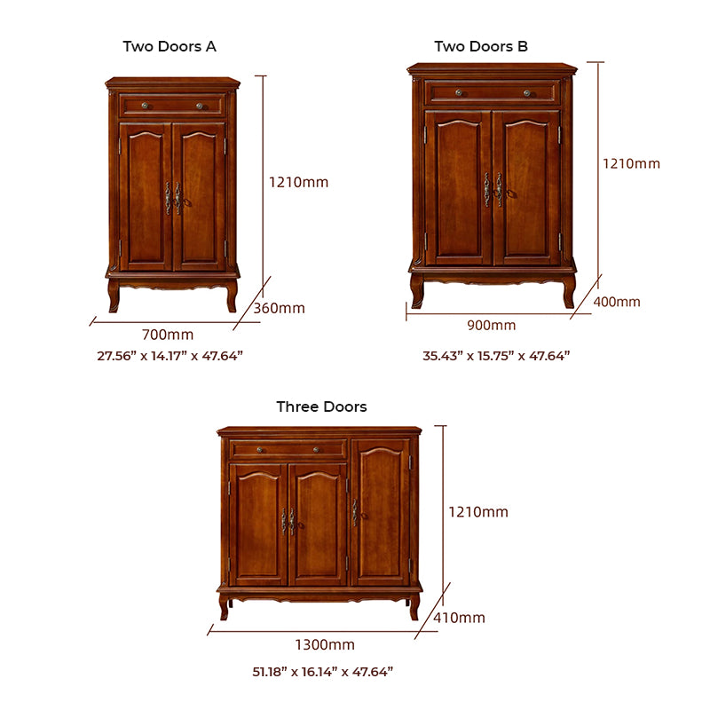Side view of the vintage wooden shoe cabinet showcasing its sleek design