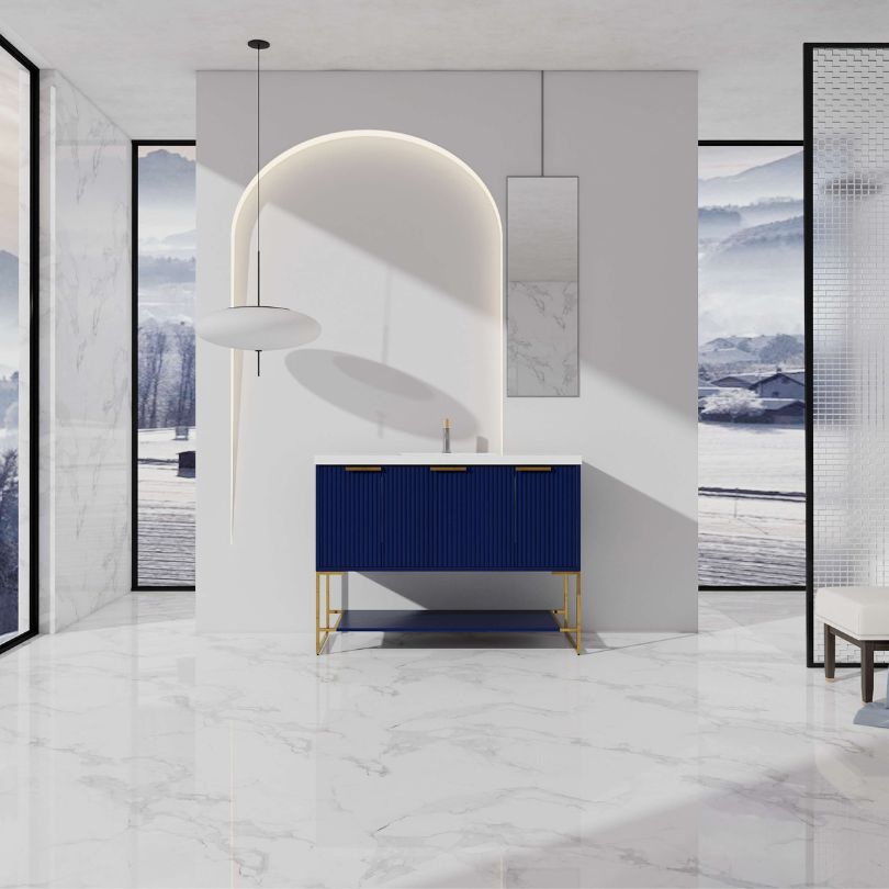 Front view of the modern 48-inch navy blue vanity showcasing its elegant design and resin sink.