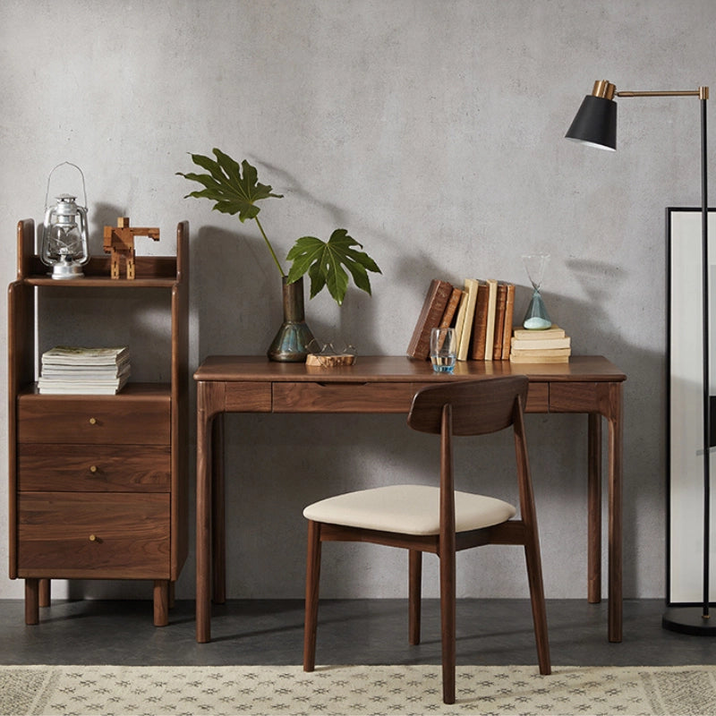 Stylish walnut retro desk showcasing dual drawers from a side angle, perfect for home offices.
