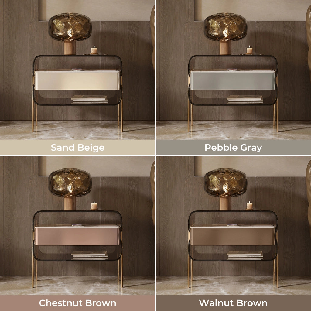 Side angle of modern acrylic nightstand with stainless steel legs and drawer.