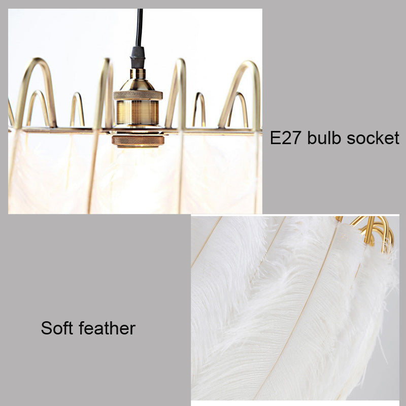 Close-up of the elegant ostrich feather LED pendant light highlighting its intricate design.
