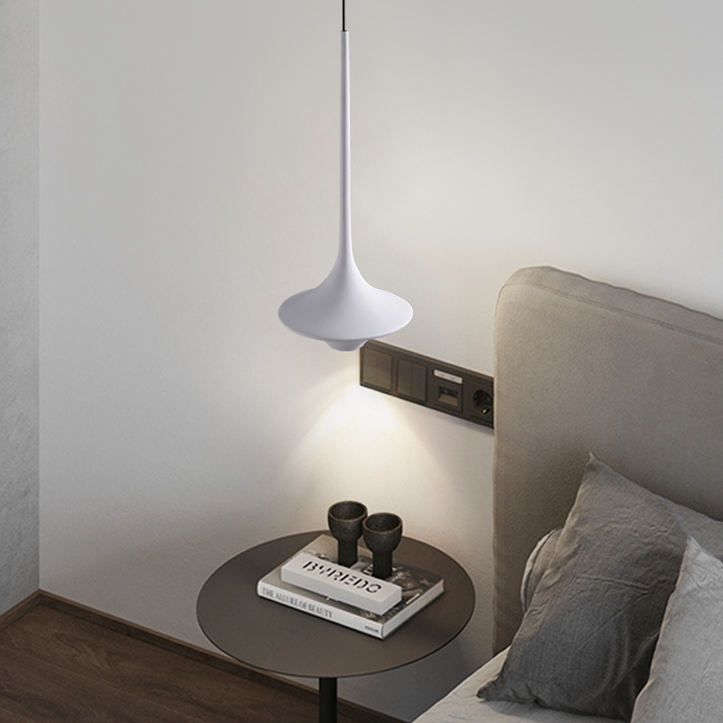 Close-up view of the LED pendant light, emphasizing the resin material and innovative touch switch feature.