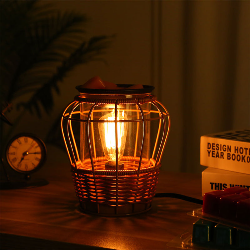 Rustic bamboo rattan aromatherapy lamp in a cozy bedroom setting