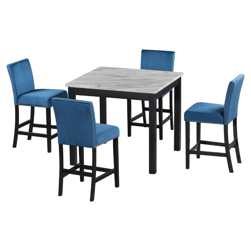 Elegant counter height dining table set showcasing four blue upholstered chairs and a faux marble table from the side view.