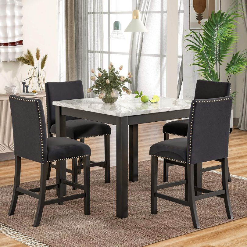 Corner view of the counter height dining table set, demonstrating its spacious seating for family gatherings.