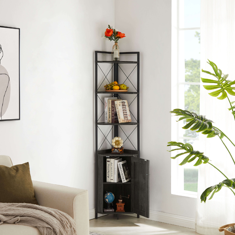 Close-up of the adjustable shelves in the corner cabinet, illustrating versatile storage options for books and decor