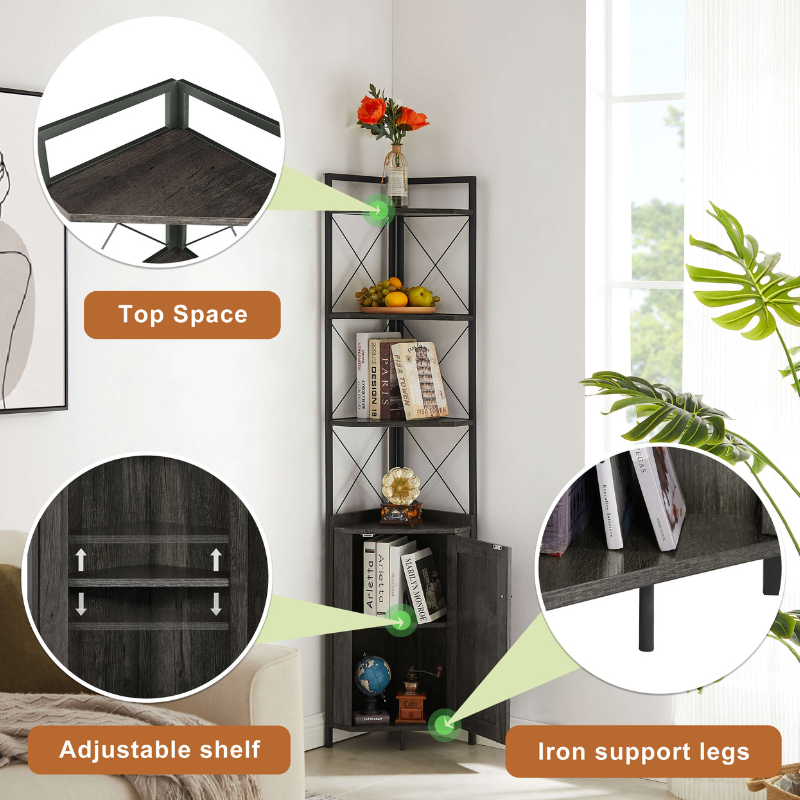 5-tier corner cabinet shelf with storage displayed in a cozy living room corner, showcasing its chic design