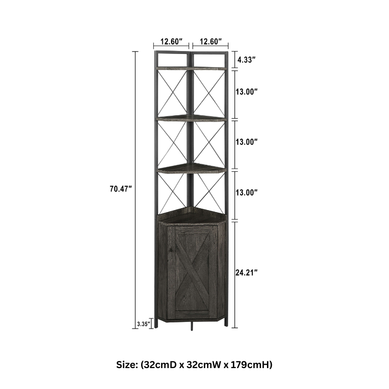 5-tier corner cabinet shelf with storage displayed in a cozy living room corner, showcasing its chic design