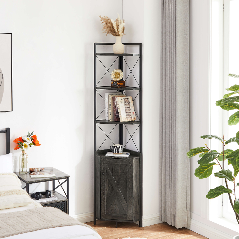 5-tier corner cabinet shelf with storage displayed in a cozy living room corner, showcasing its chic design