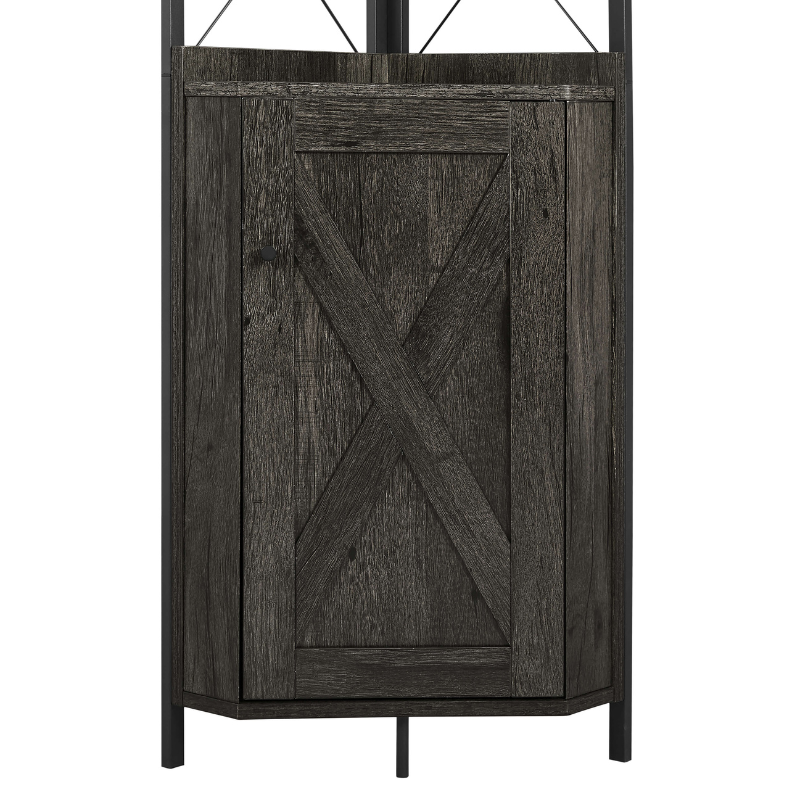 Close-up of the adjustable shelves in the corner cabinet, illustrating versatile storage options for books and decor