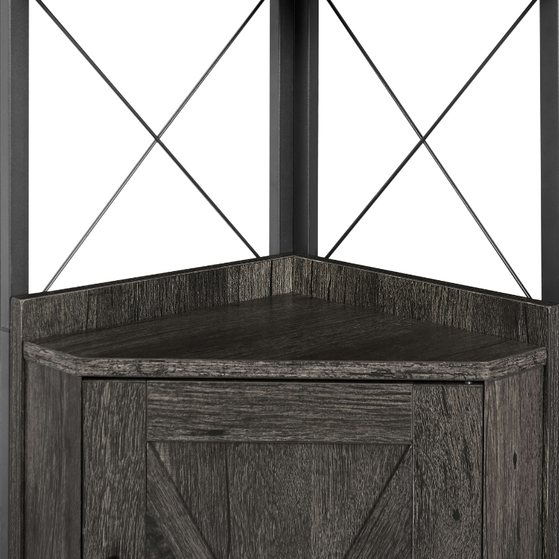 5-tier corner cabinet shelf with storage displayed in a cozy living room corner, showcasing its chic design