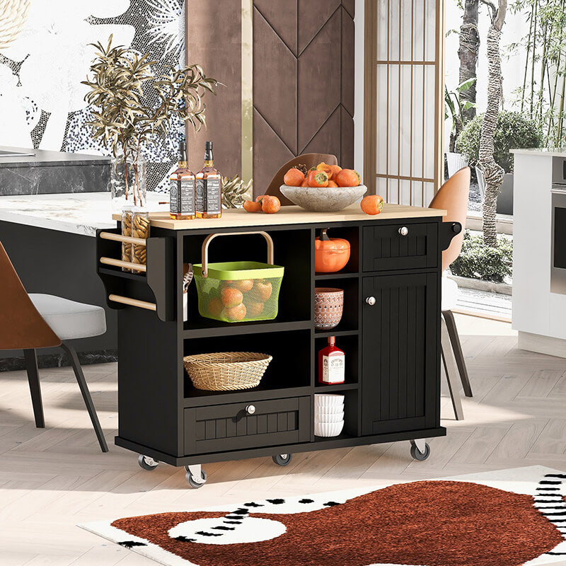 Elegant black kitchen island cart with wheels in a modern kitchen setting.
