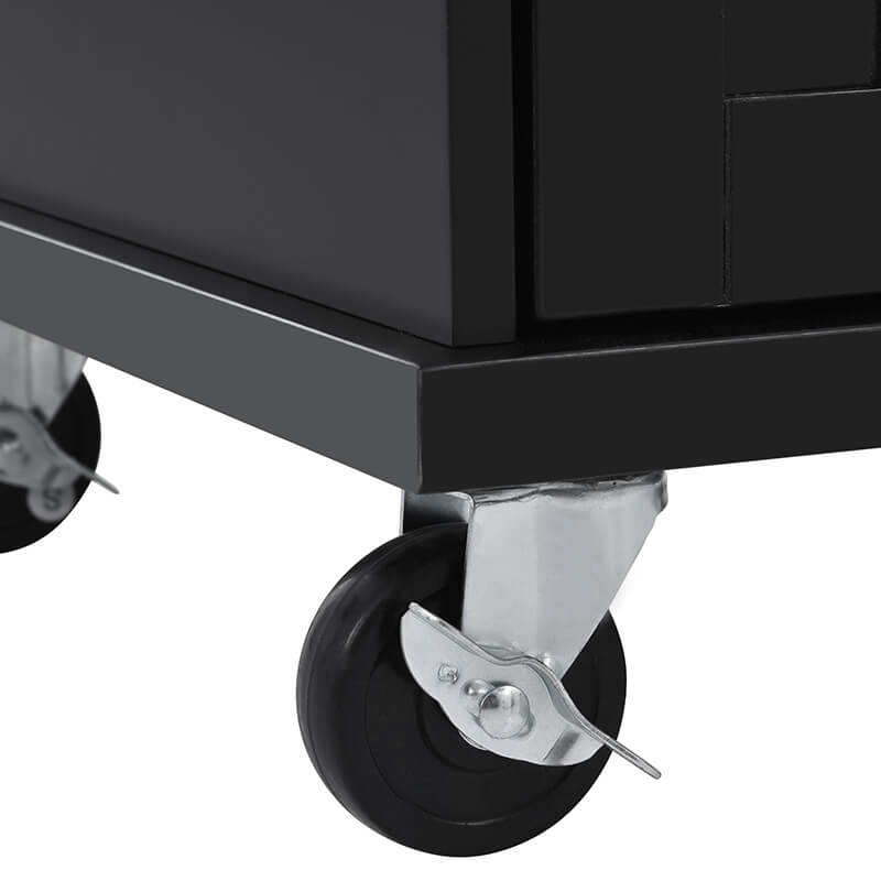 Close-up of the drawers of the black kitchen storage cabinet showing its ample space.