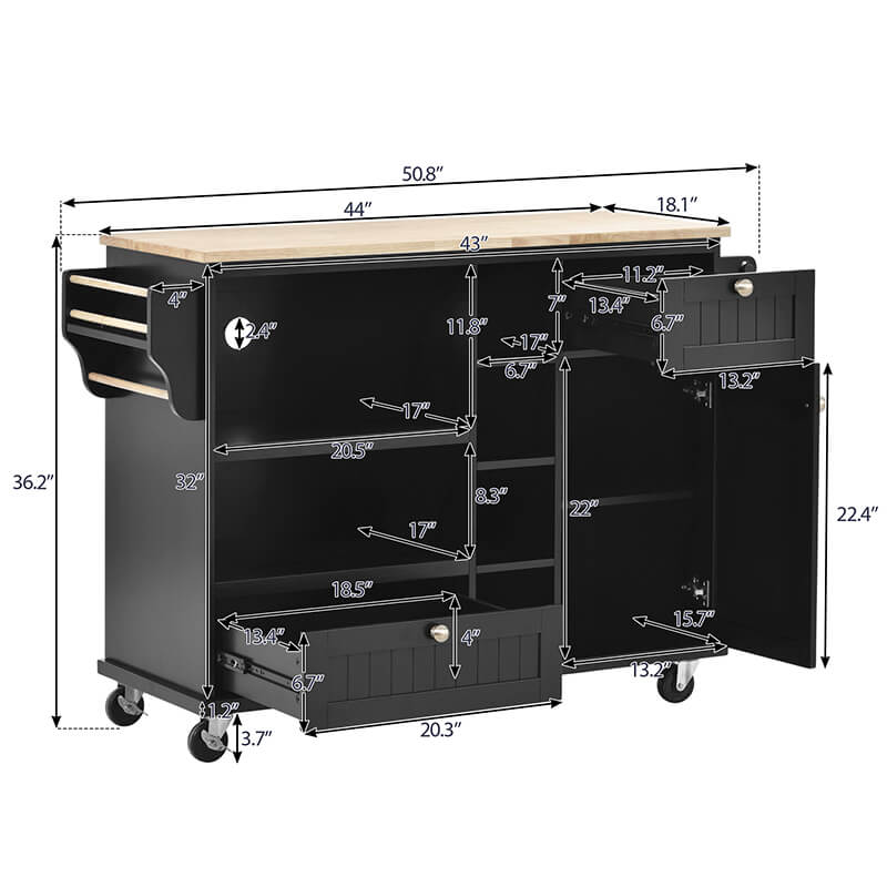 Elegant black kitchen island cart with wheels in a modern kitchen setting.