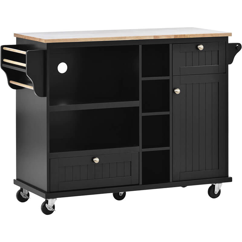 Close-up of the drawers of the black kitchen storage cabinet showing its ample space.