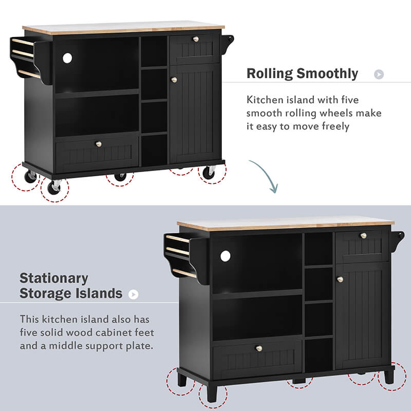 Side view of the top-rated rolling kitchen cart highlighting its locking wheels.