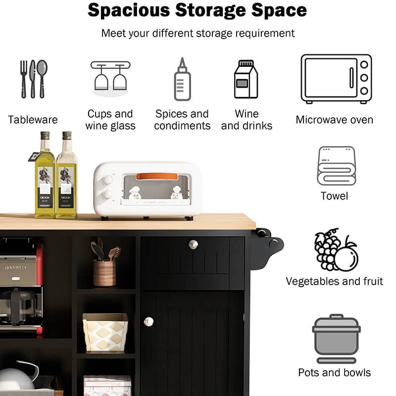 Elegant black kitchen island cart with wheels in a modern kitchen setting.