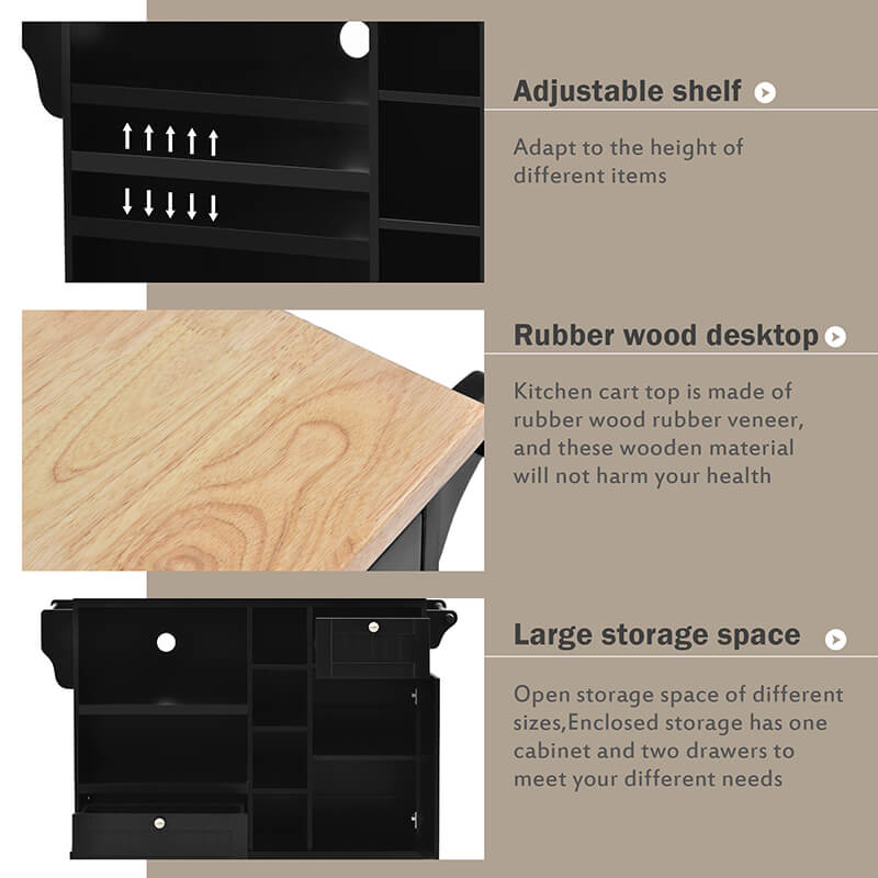 Close-up of the drawers of the black kitchen storage cabinet showing its ample space.