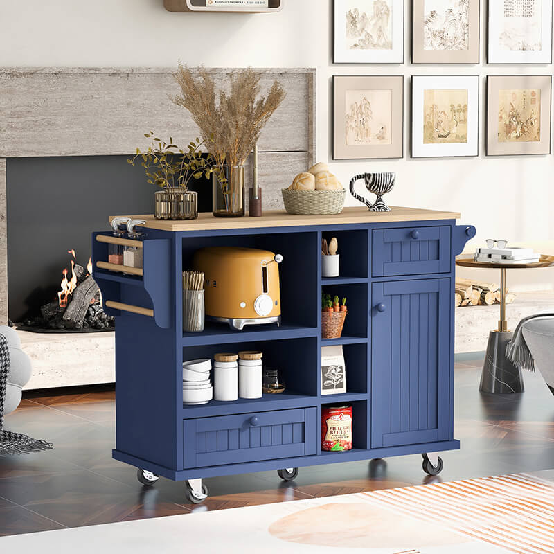 Dark blue wood kitchen island featuring drawers and wheels, ideal for meal prep.