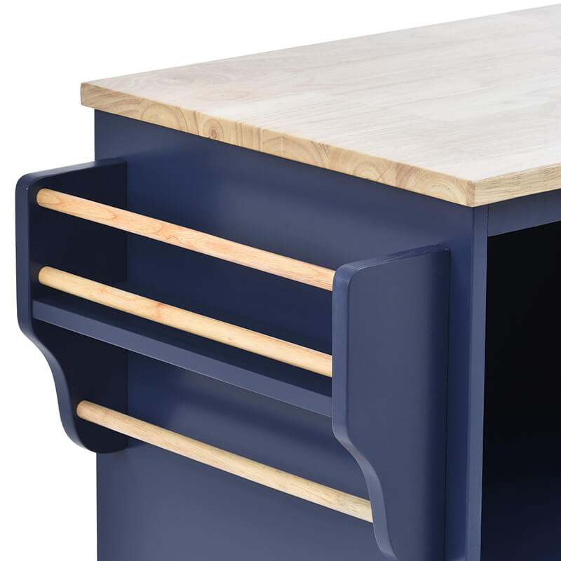 Chic Dark Blue Wood Kitchen Island & Microwave Cart with Wheels - Image 8