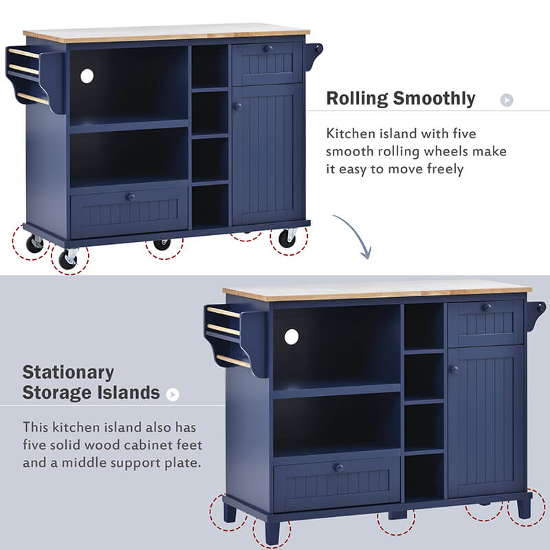 Chic Dark Blue Wood Kitchen Island & Microwave Cart with Wheels - Image 4