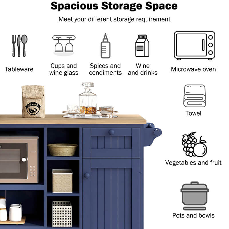 Chic Dark Blue Wood Kitchen Island & Microwave Cart with Wheels - Image 3
