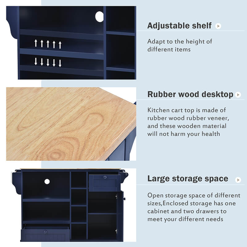 Chic Dark Blue Wood Kitchen Island & Microwave Cart with Wheels - Image 2