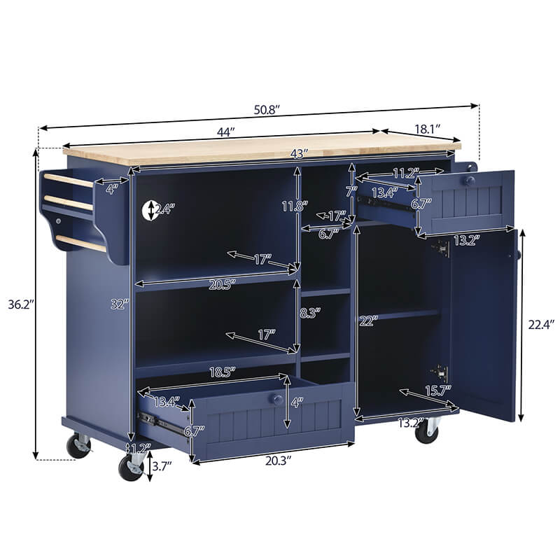Chic Dark Blue Wood Kitchen Island & Microwave Cart with Wheels - Image 9