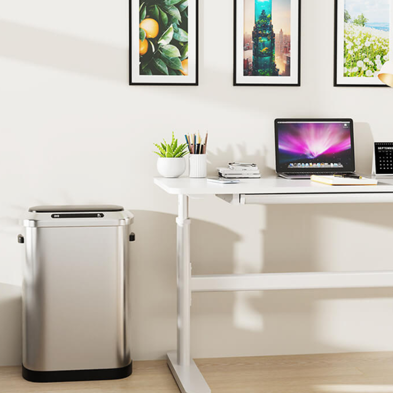Side view of the smart 13-gallon trash can with soft-close lid