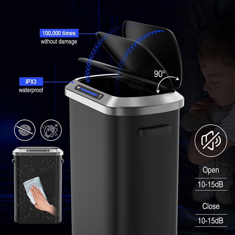 Side view of the high-capacity trash can showcasing its sleek design.