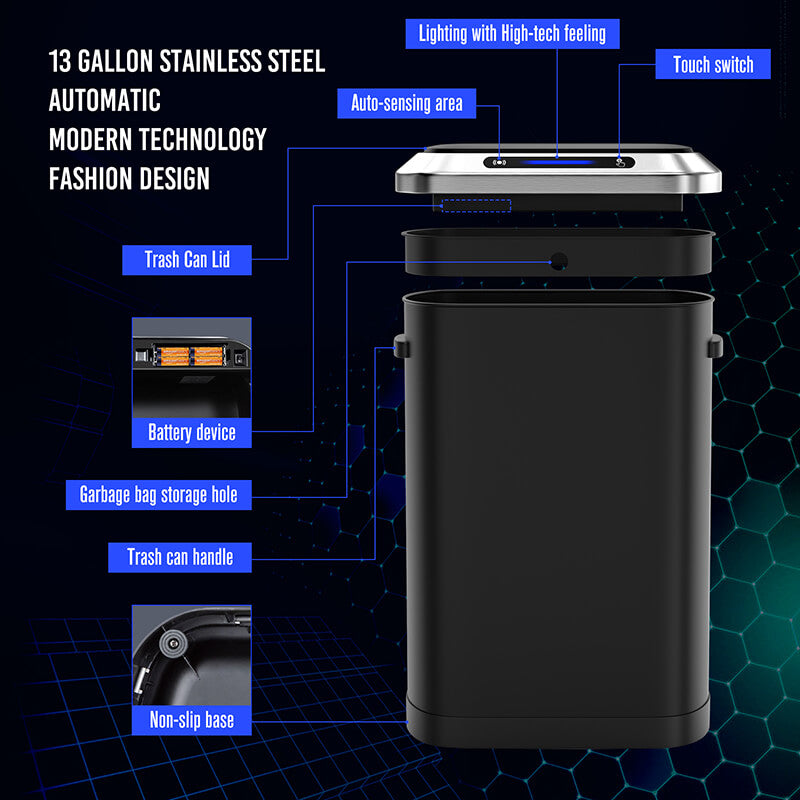 Smart 50L kitchen trash can with motion sensor in a modern kitchen setting.