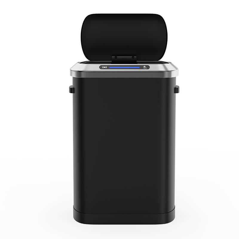Close-up of the soft-close lid feature on the automatic trash can.