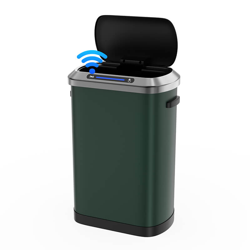 EcoSmart 13-gallon trash can in green, showcasing its soft-close feature.