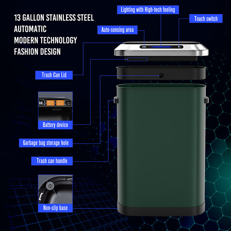 EcoSmart 13-gallon trash can in green, showcasing its soft-close feature.