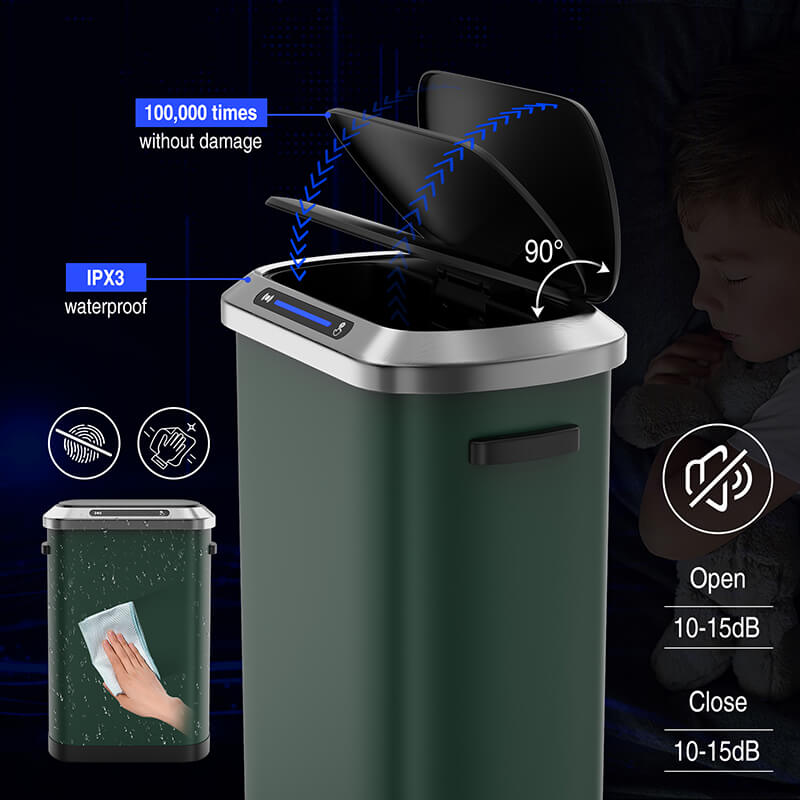 EcoSmart motion sensor trash can with soft-close lid from the front view.