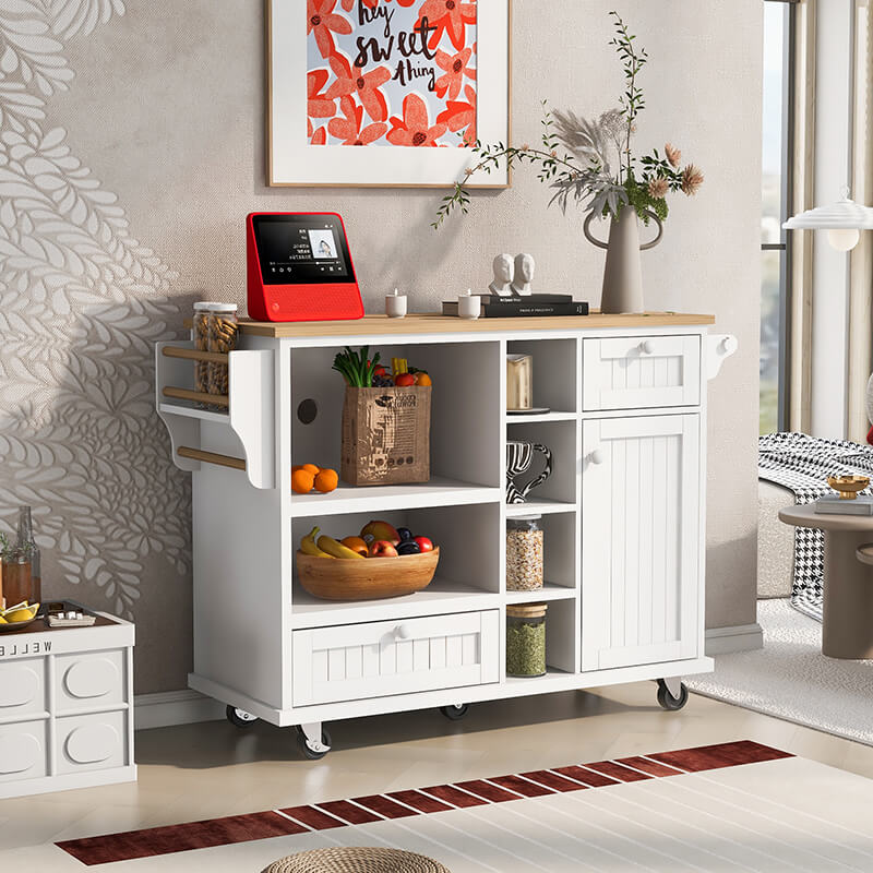 Front view of the modern kitchen cart showcasing its white wood finish and spacious drawers.