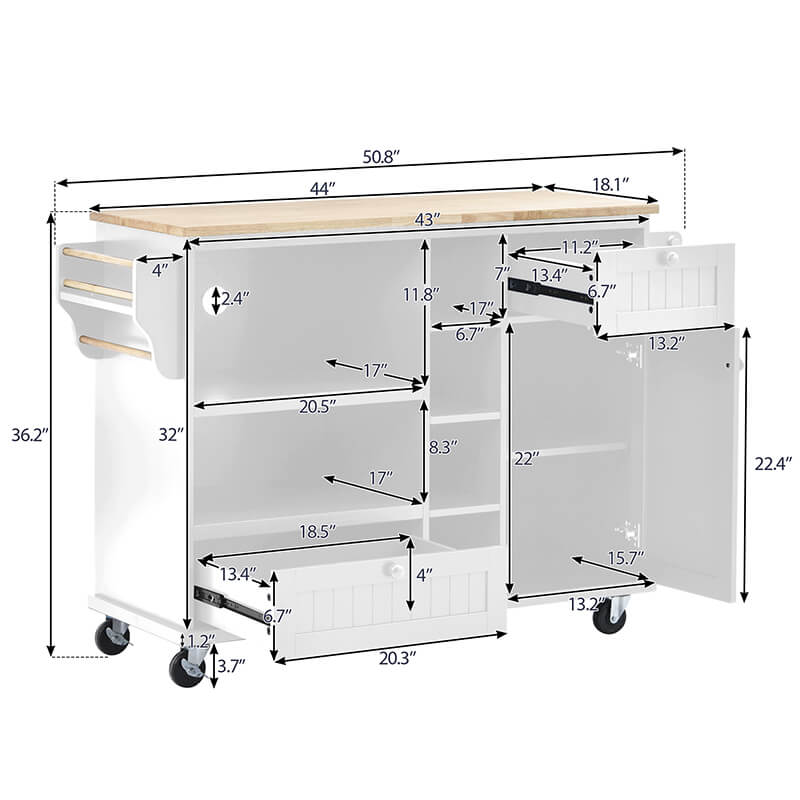Versatile White Wood Kitchen Island Cart with Drawers and Wheels - Image 10