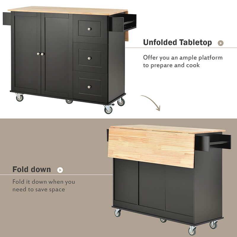 Elegant Black Rolling Kitchen Island with Solid Wood Top - Image 7