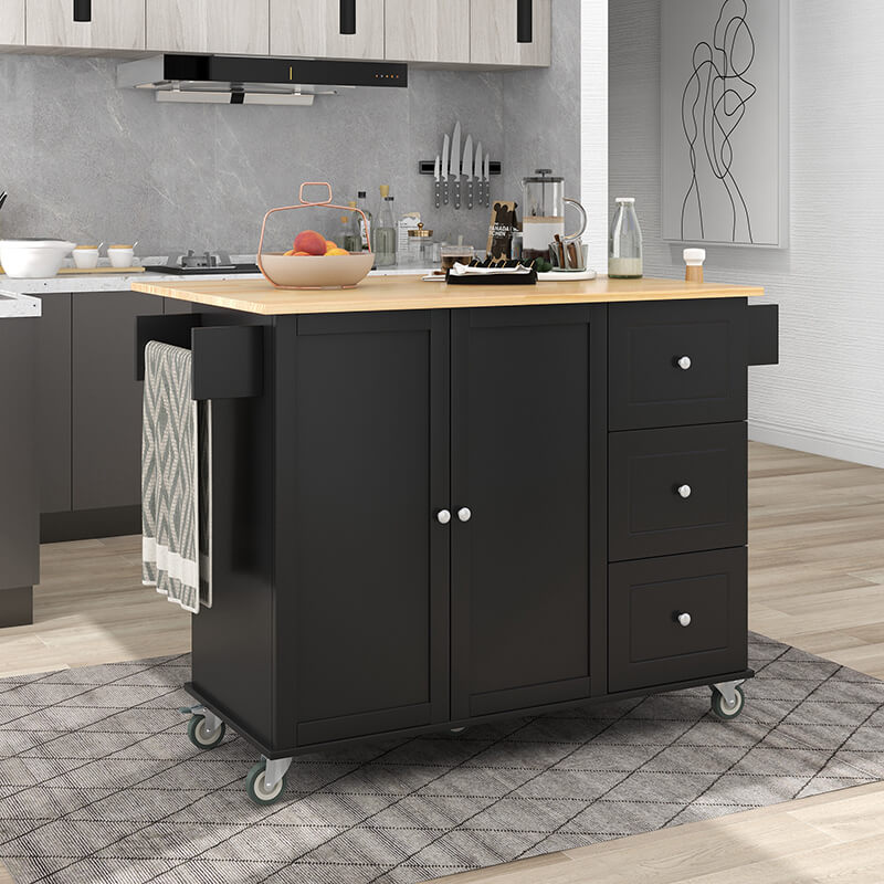 Elegant Black Rolling Kitchen Island with Solid Wood Top - Image 2