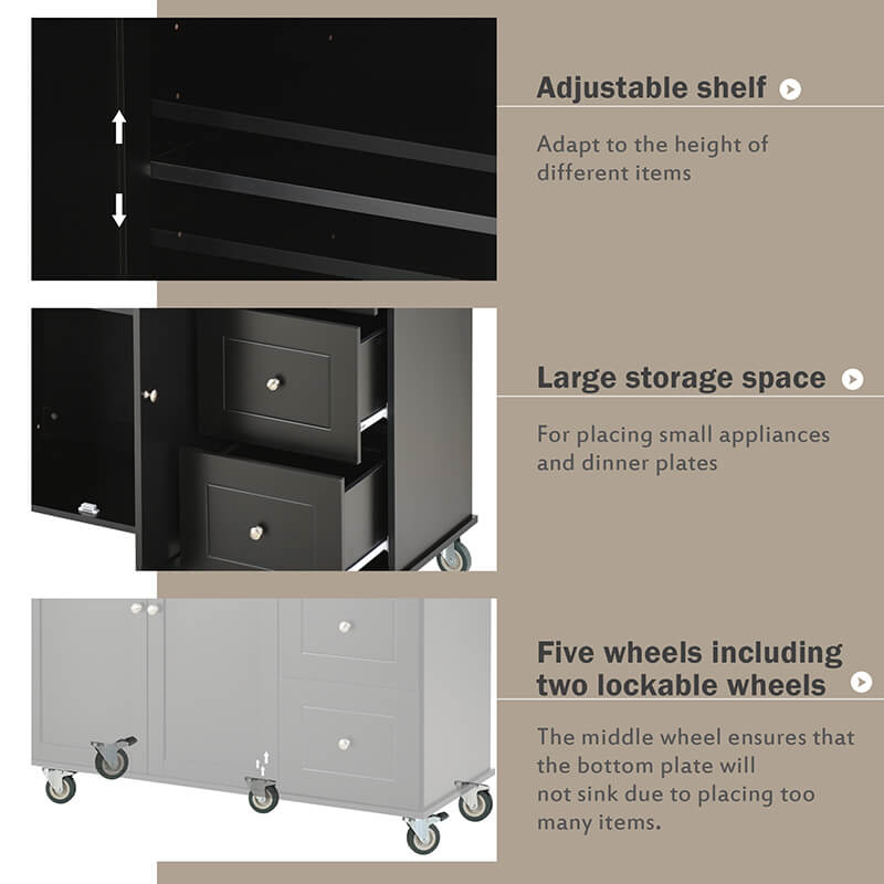Elegant Black Rolling Kitchen Island with Solid Wood Top - Image 6
