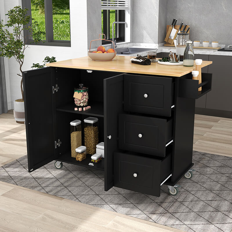 Black rolling kitchen island with solid wood top and locking wheels in a modern kitchen setting.