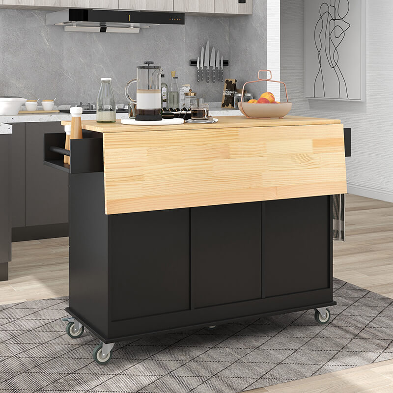 Elegant Black Rolling Kitchen Island with Solid Wood Top - Image 4