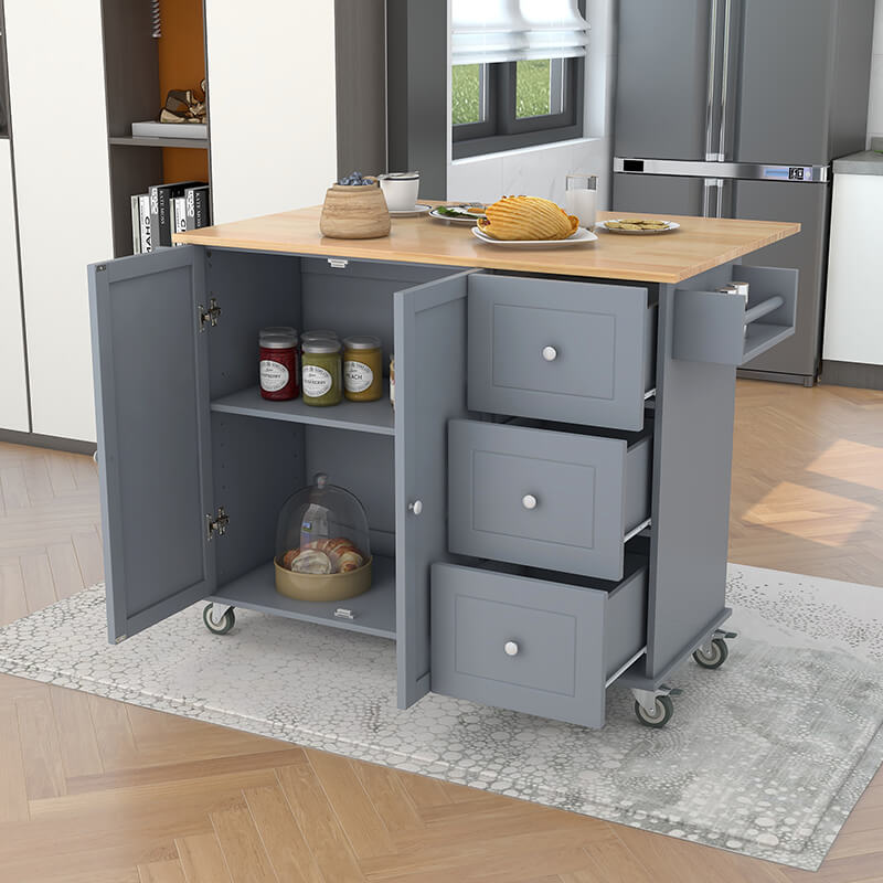 Elegant Blue Mobile Kitchen Island with solid wood top and three drawers, perfect for a modern kitchen.