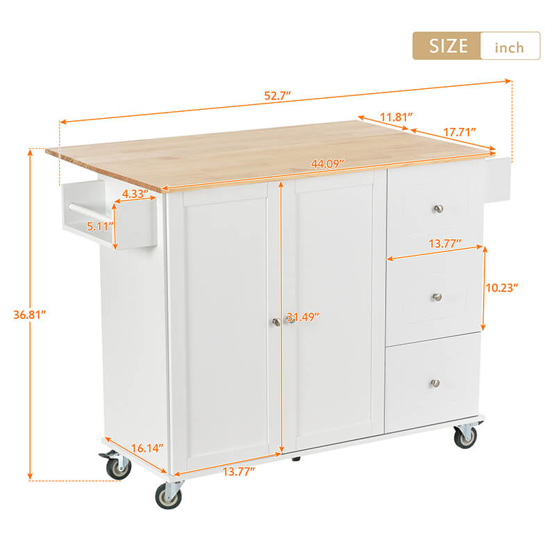 Front view of the white rolling kitchen island showcasing its solid wood top and drawers.
